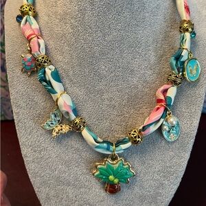 Teal & Pink Enamel Boho Palm Tree Charm Necklace